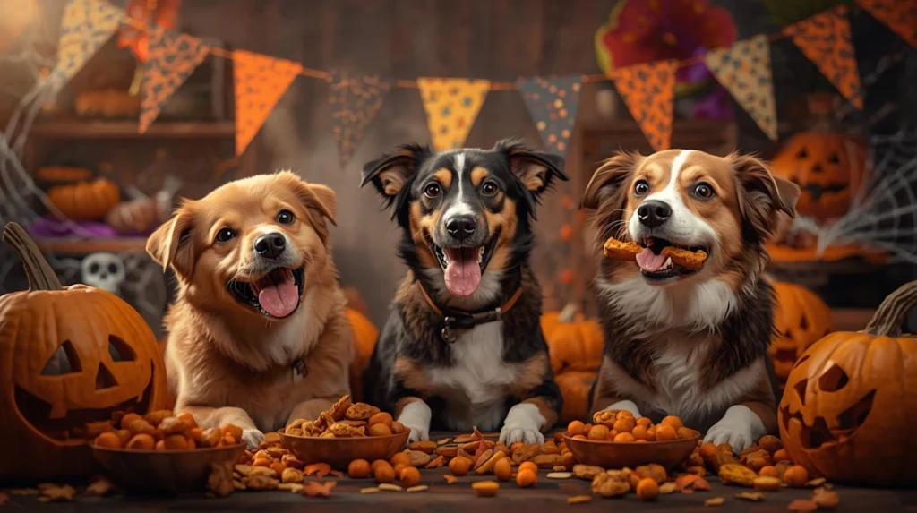 3 dogs having a halloween party