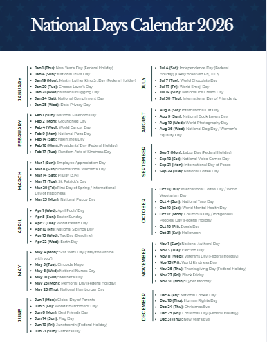 list of national days and major holidays