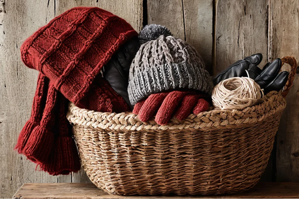 hats and mitts in wicker basket