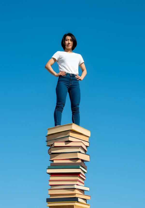 Woman standing on stack of books. How many books can you read?
